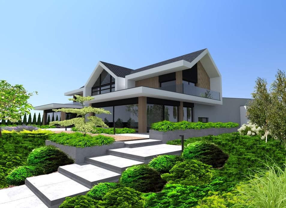 Wizualizacja nowoczesnego domu z ogrodem kaskadowym, betonowe stopnie prowadzą do wejścia, zieleń w geometrycznych rabatach.