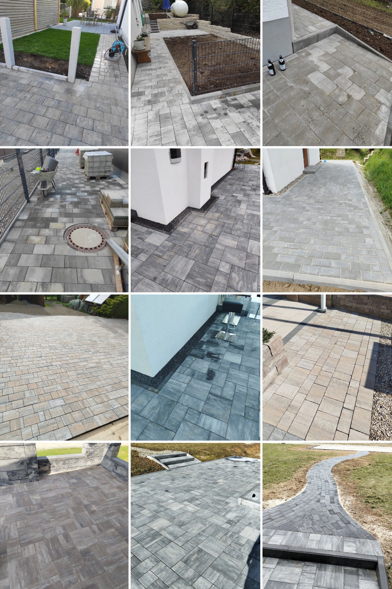 Kompozycja z 9 zdjęć: różnorodne ułożenia szarej kostki brukowej na podjazdach, chodnikach i tarasach. Widoczne detale wykończeń, obrzeża i aranżacje przestrzeni.
