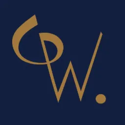 Eleganckie logo z inicjałami CW w kolorze złotym na granatowym tle, z subtelnym punktem obok litery W.