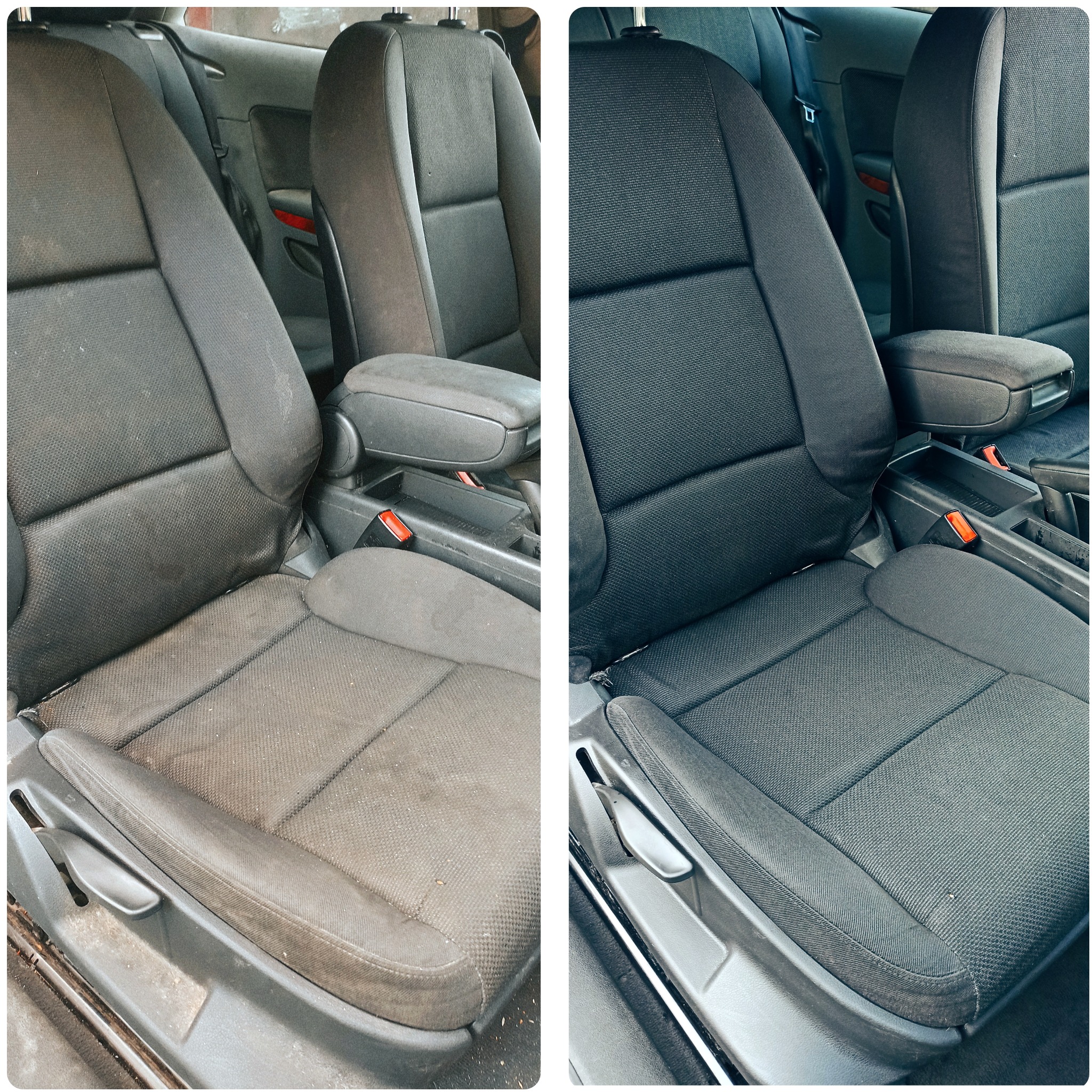 Porównanie fotela samochodowego przed i po czyszczeniu, widoczne znaczne usunięcie zabrudzeń i plam z tapicerki.