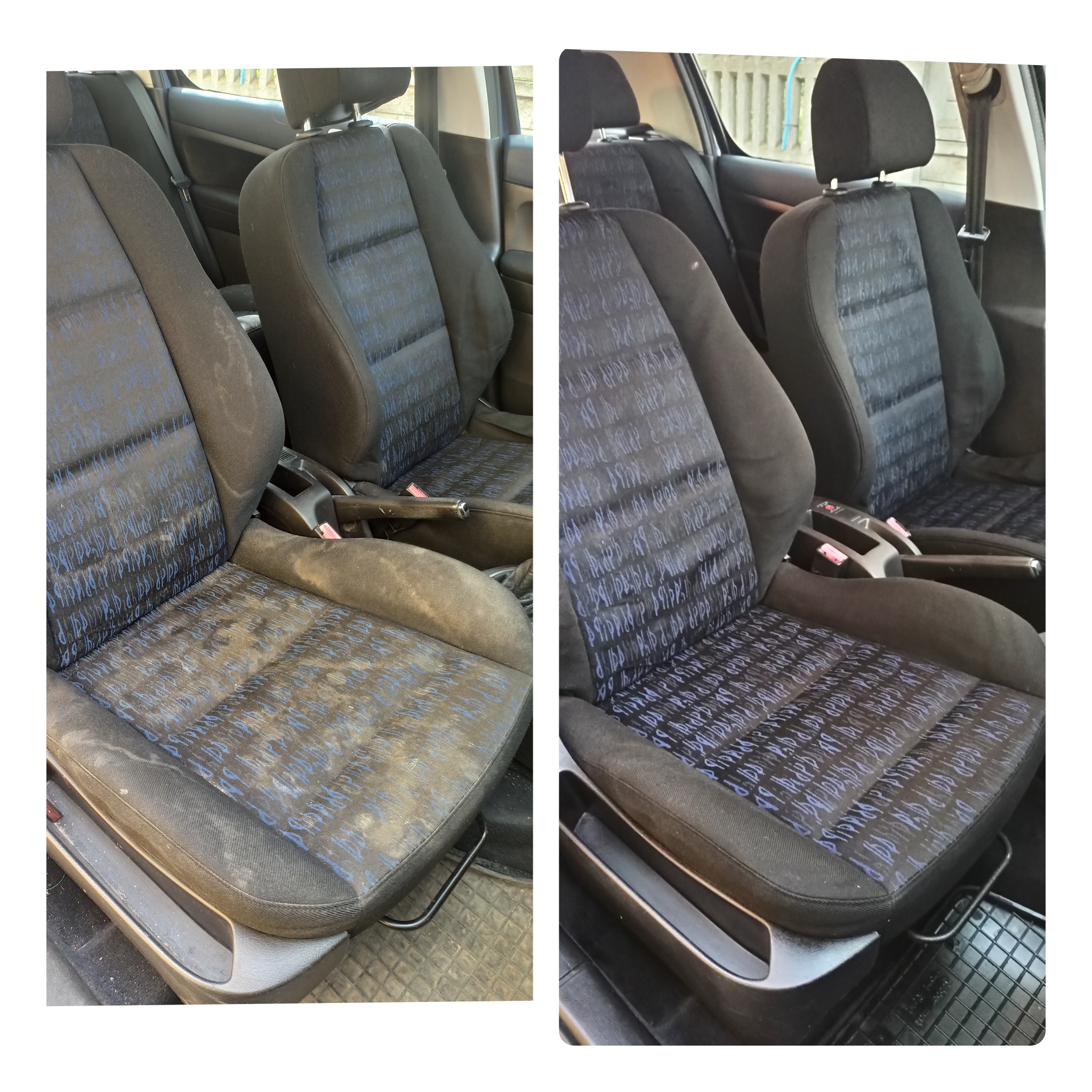 Porównanie fotela samochodowego przed i po czyszczeniu, widoczne wyraźne różnice w wyglądzie tapicerki z niebieskim wzorem.