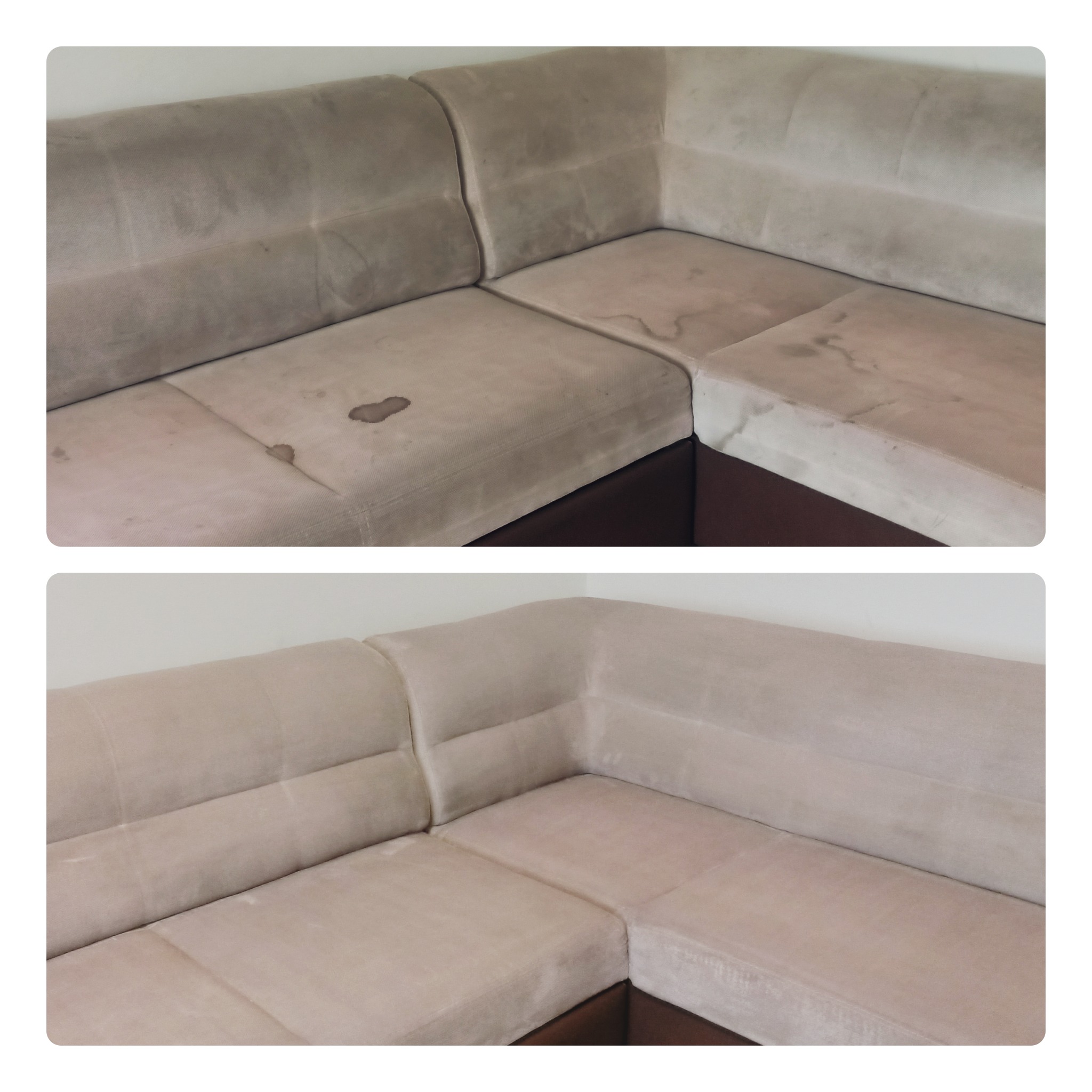 Porównanie narożnika tapicerowanego przed i po czyszczeniu. Górne ujęcie ukazuje narożnik z widocznymi plamami i zabrudzeniami, dolne ujęcie prezentuje ten sam narożnik po usunięciu plam,...