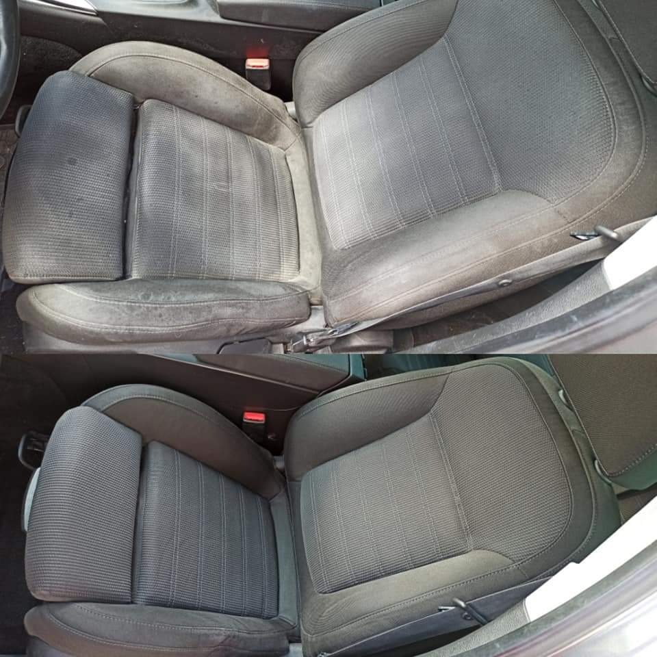 Porównanie stanu fotela samochodowego przed i po czyszczeniu, widoczne znaczne usunięcie zabrudzeń i odświeżenie tapicerki.