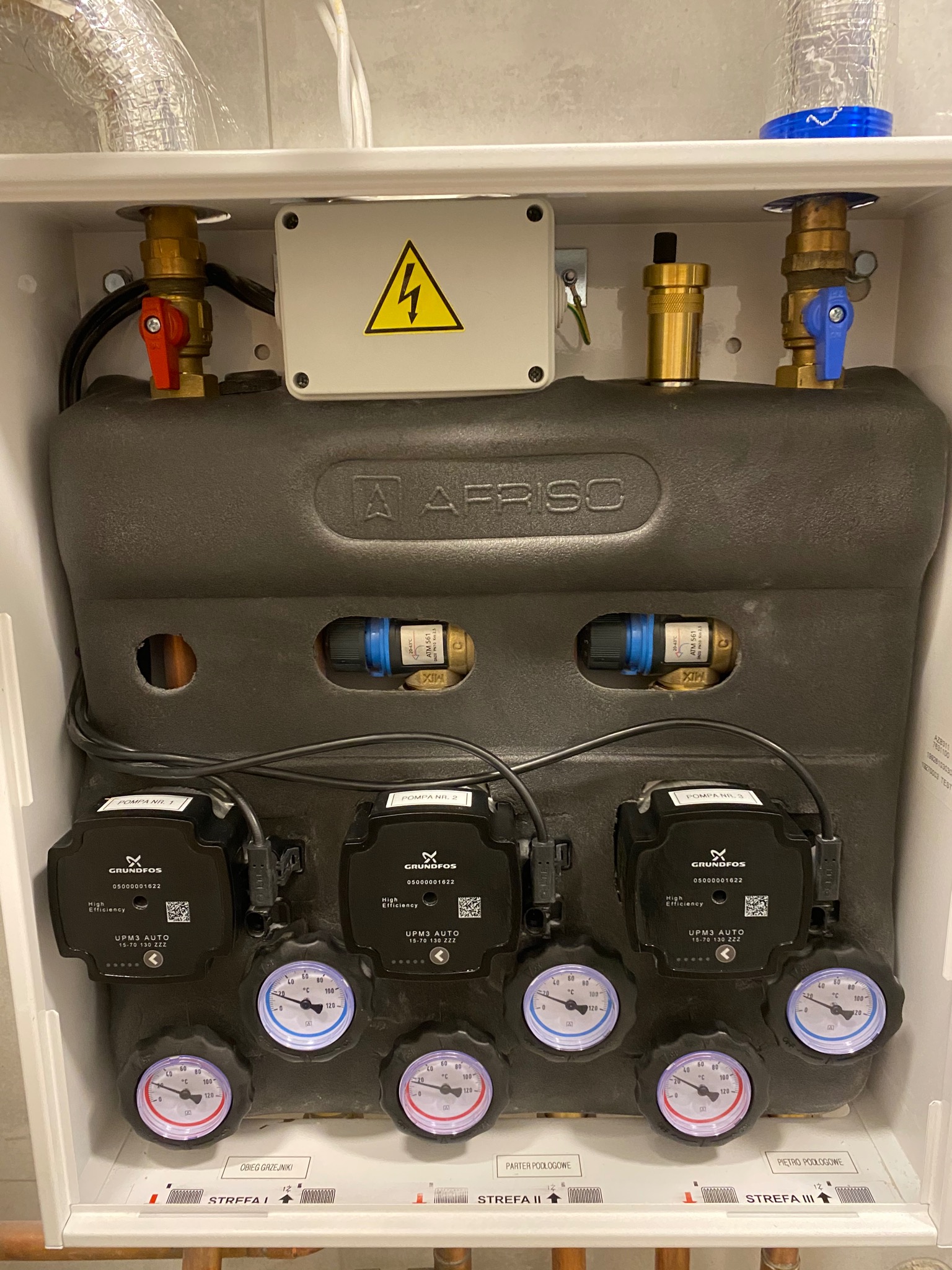 Rozdzielacz ogrzewania podłogowego w białej szafce, widoczne trzy pompy obiegowe Grundfos UPM3 AUTO z manometrami, zawory, zasilanie i powrót, etykiety stref grzewczych.