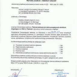 Protokół zdawczo-odbiorczy końcowy dokumentacji projektowej budowy kablowej sieci elektroenergetycznej oświetlenia drogowego, podpisany przez Wykonawcę i Zamawiającego, z pieczątkami firmowymi...