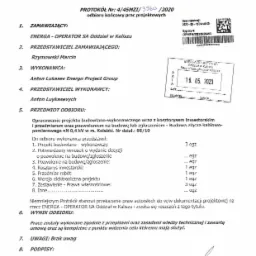 Skan protokołu odbioru końcowego prac projektowych dla Energa Operator w Kaliszu, dotyczący opracowania projektu budowlano-wykonawczego z Warszawy, z podpisami przedstawicieli zamawiającego...