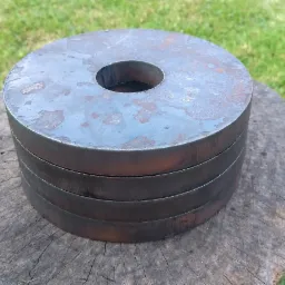 Stos czterech metalowych krążków z centralnym otworem, ułożonych na drewnianym pniu, z zielonym trawnikiem w tle.