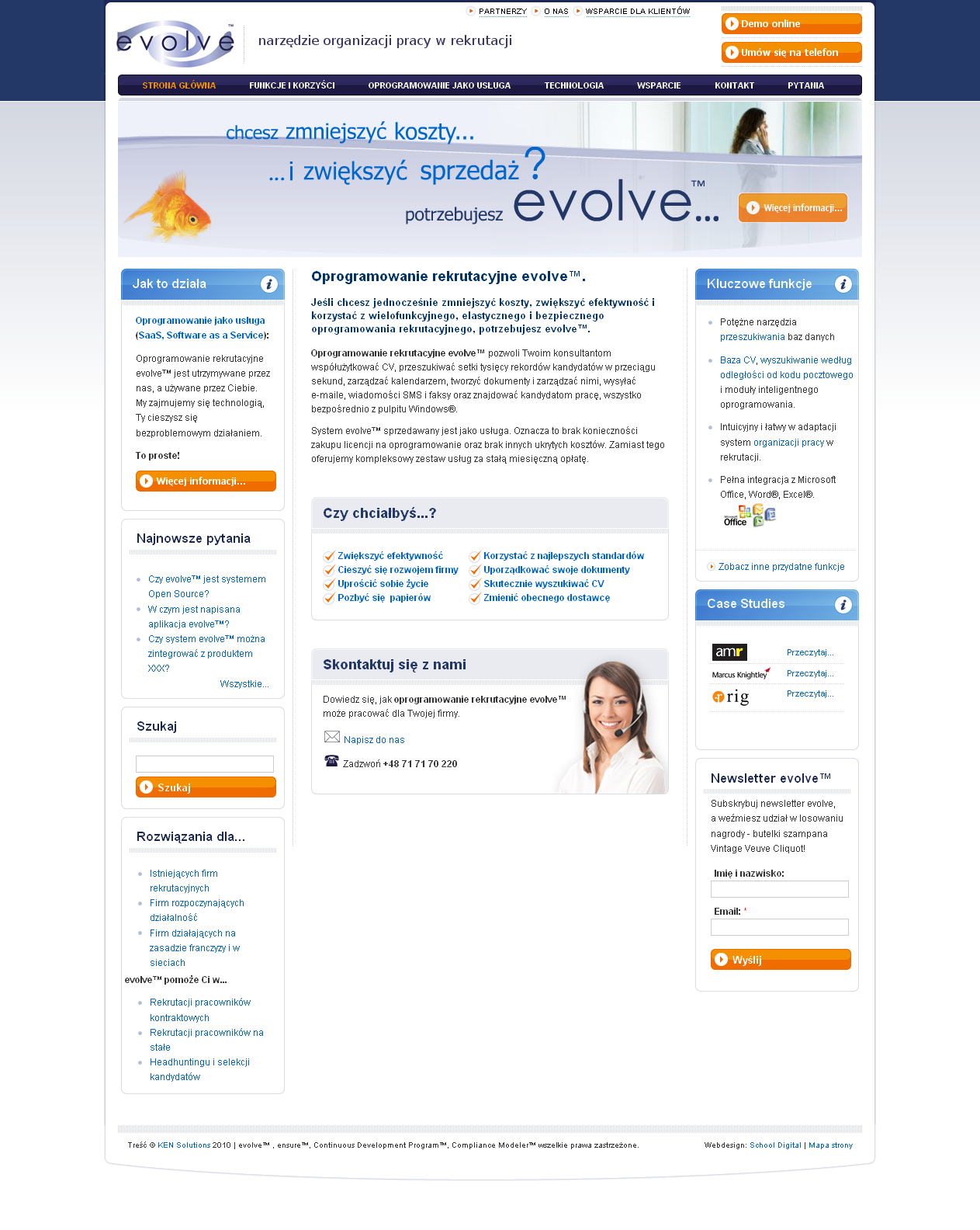 Strona internetowa systemu Evolve do rekrutacji, z nagłówkiem 'chcesz zmniejszyć koszty... i zwiększyć sprzedaż?' i opisem funkcji oprogramowania rekrutacyjnego.