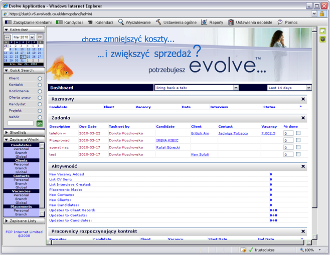 Zrzut ekranu aplikacji Evolve do zarządzania rekrutacjami, prezentujący dashboard z listą kandydatów, zadań, aktywności i kalendarzem z widocznym datą 24 marca 2010, z nagłówkiem zachęcającym...