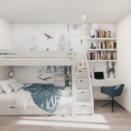 Niewielka i delikatna sypialnia w biało-błękitnej kolorystyce z łóżkiem piętrowym, w którym mamy możliwość przechowywania.