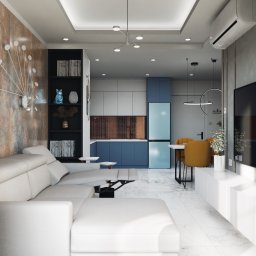 Projekt apartamentu nadmorskiego w niecodziennym połączeniu miedzi i błękitu, który tworzy piękną harmonię.