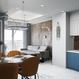 Projekt apartamentu nadmorskiego w niecodziennym połączeniu miedzi i błękitu, który tworzy piękną harmonię.