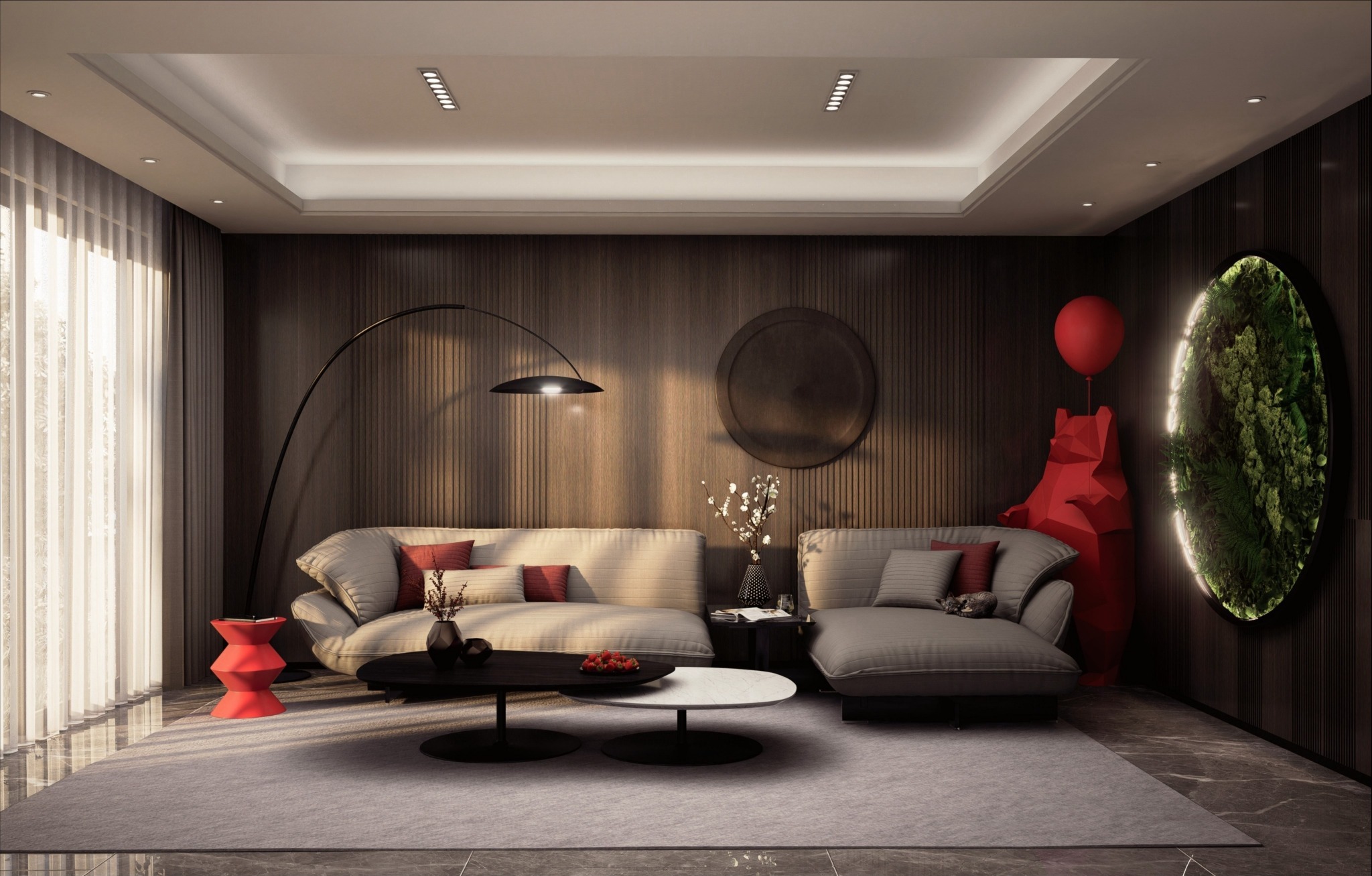 Projekt części wypoczynkowej salonu w nowoczesnym stylu.