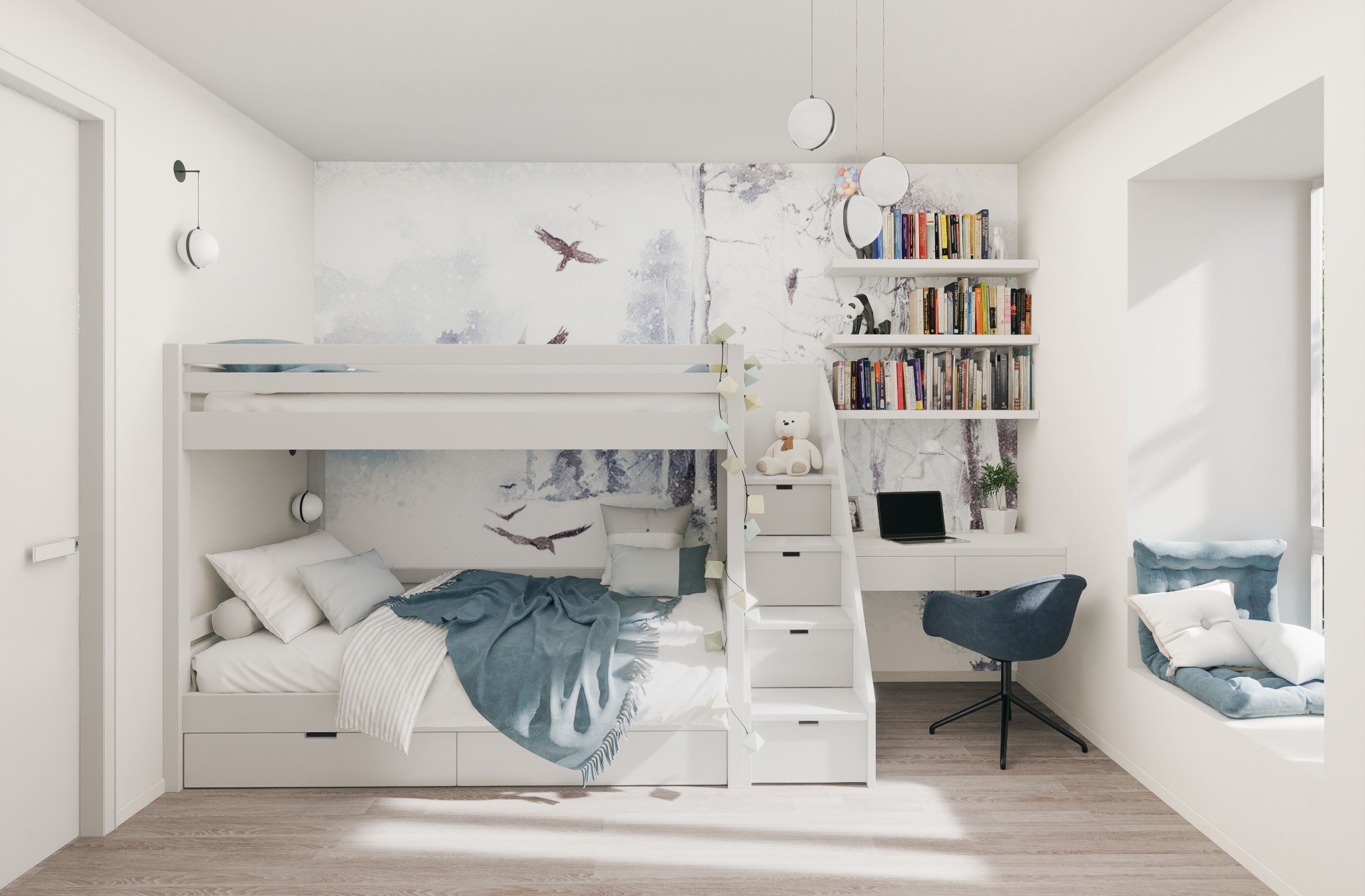 Wizualizacja pokoju dziecięcego z białym łóżkiem piętrowym z szufladami i schodami, biurkiem, półkami z książkami, tapetą z motywem zimowego lasu i ptaków, oraz niebieskim fotelem obrotowym.