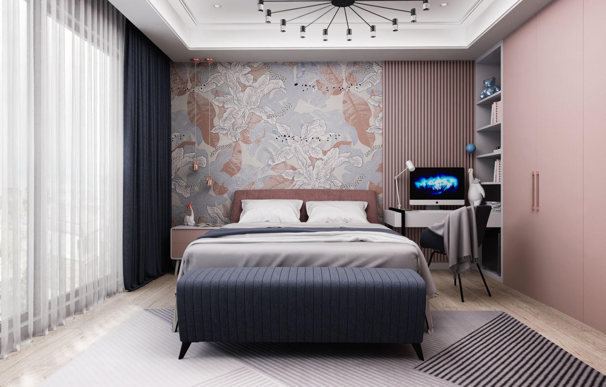 Pokój nastolatki z łóżkiem, biurkiem i szafą w odcieniach różu i błękitu, tapeta w liście, oświetlenie w różowym złocie, widok z przodu na wnętrze.