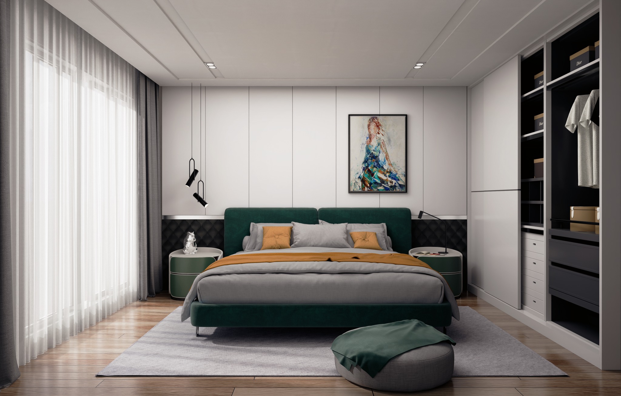 Delikatna sypialnia w zieleni. Biel dominuje we wnętrzu, a zieleń łączy ją bliżej z naturą.