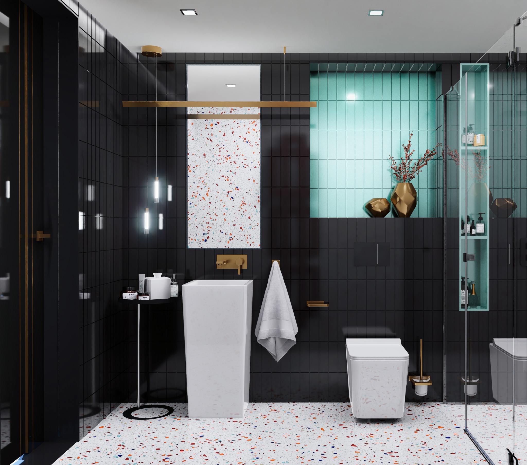Nowoczesna łazienka gościnna z czarnymi płytkami, lastryko na podłodze i ścianie, białą umywalką wolnostojącą i toaletą, mosiężnymi akcentami i oświetleniem punktowym.