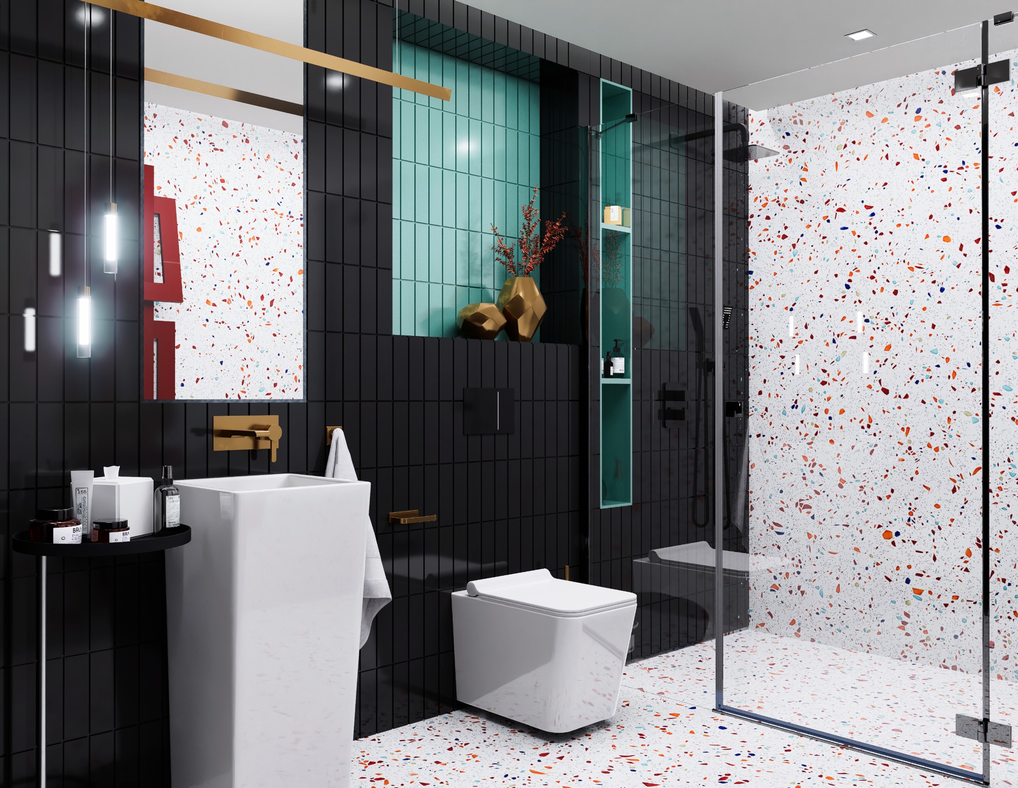 Nowoczesna łazienka gościnna z lastryko na podłodze i ścianach prysznica, czarne płytki na ścianach, wisząca toaleta, umywalka nablatowa na czarnym stoliku, mosiężna armatura i dodatki, dekoracyjne...