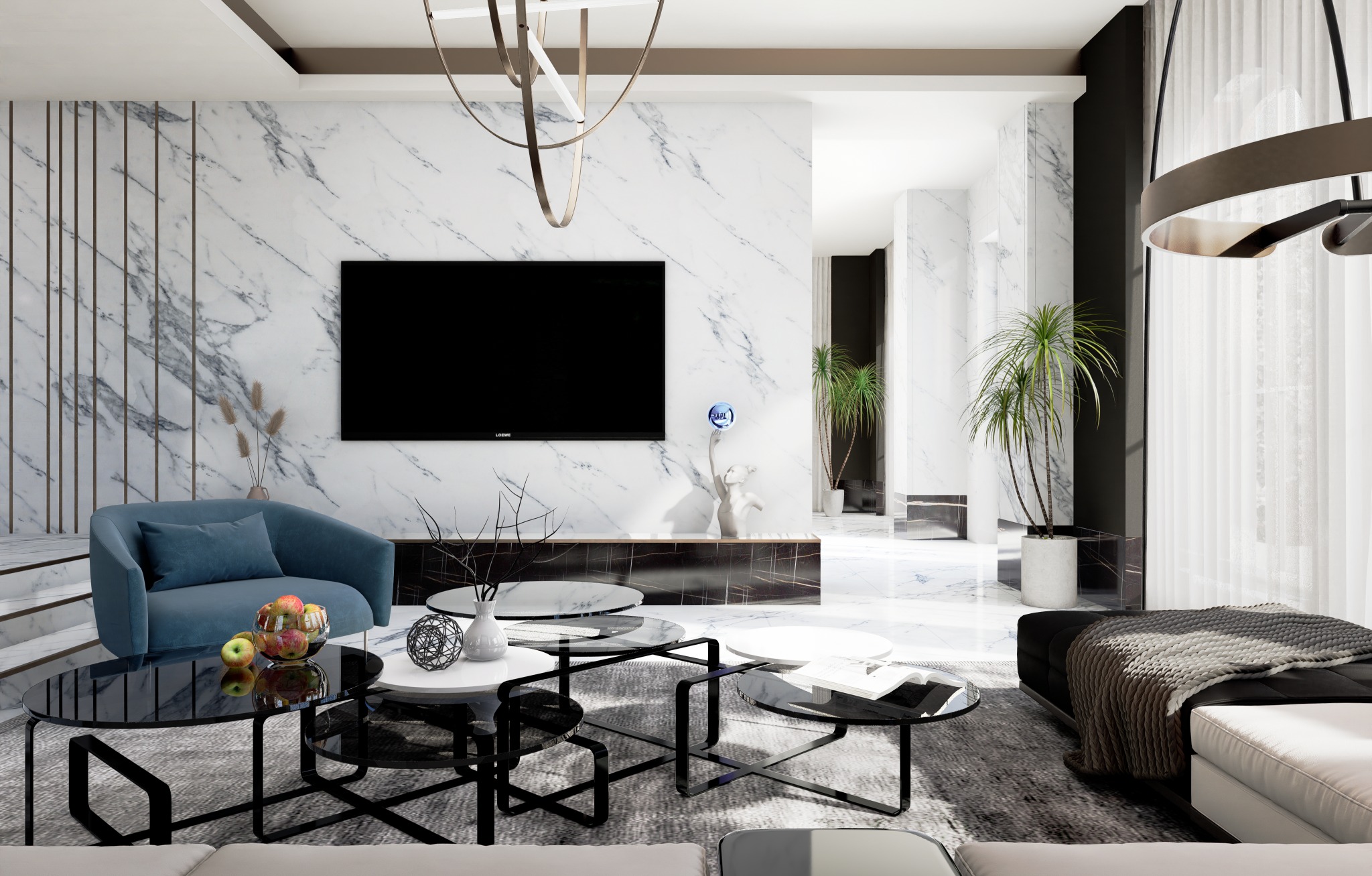 Część wypoczynkowa salonu w marmurowej odsłonie.