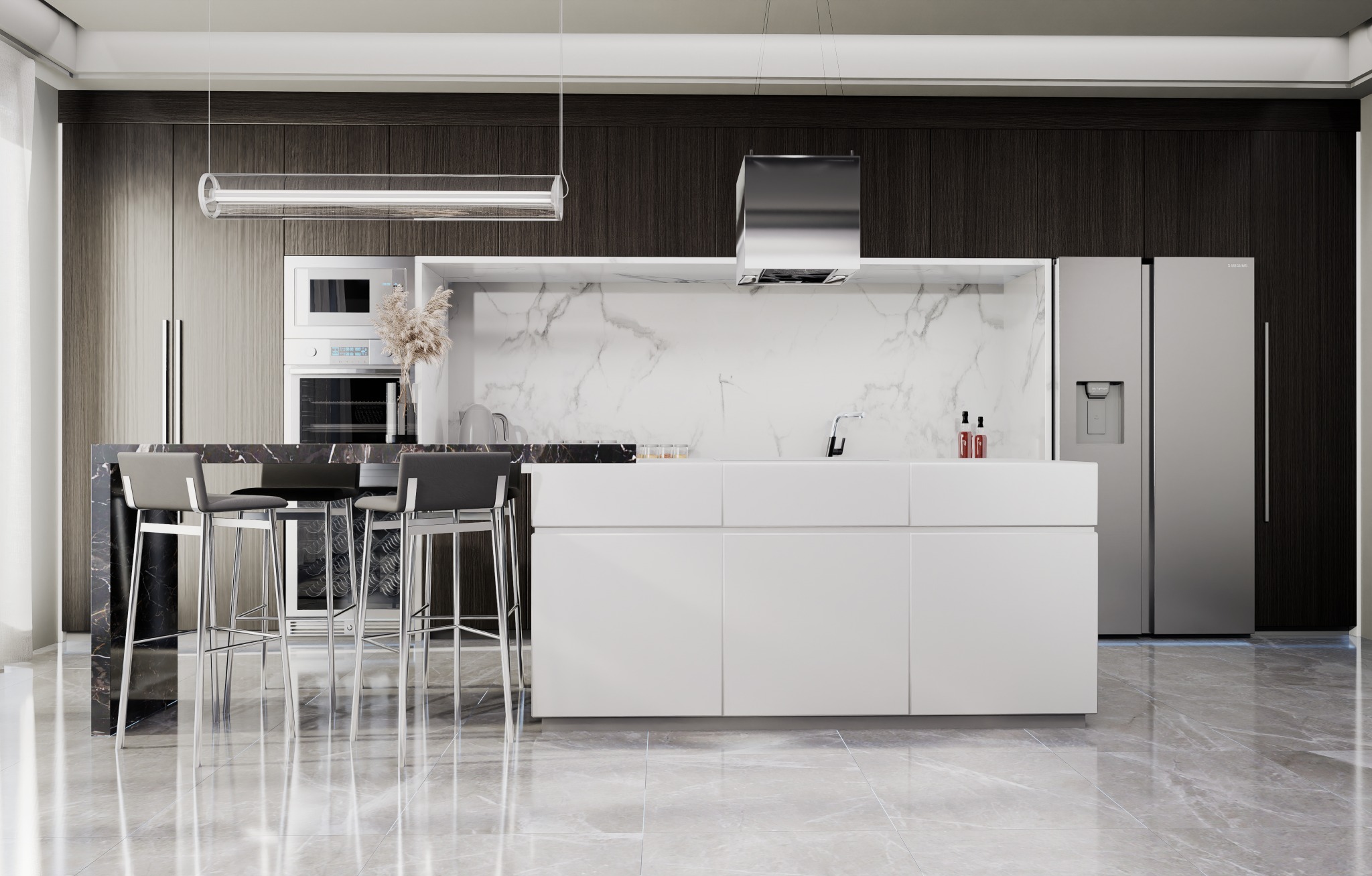 Projekt kuchni w jasnej kolorystyce. Wnętrze stworzone ze smakiem przy połączeniu naturalnych materiałów.