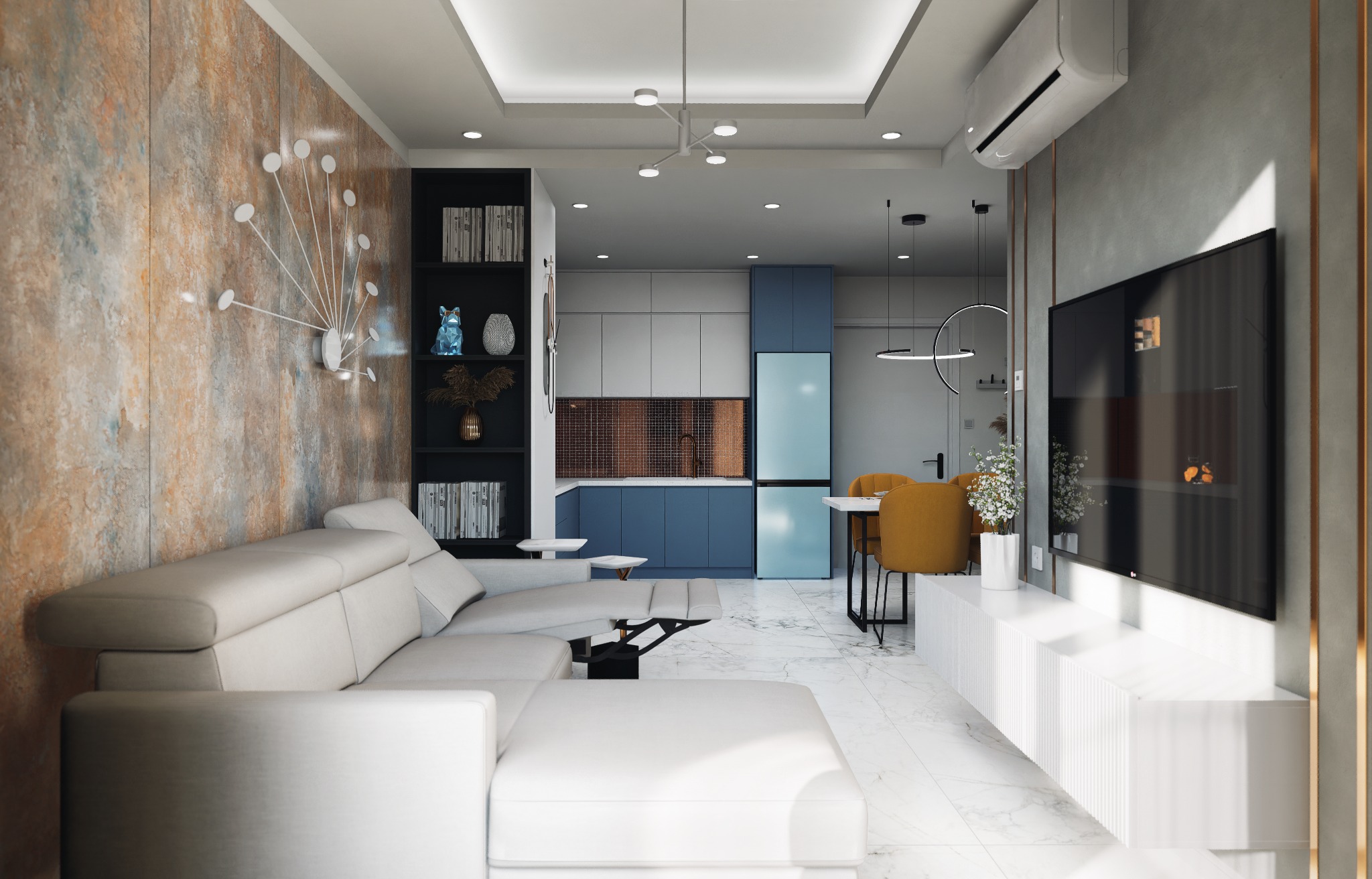 Projekt apartamentu nadmorskiego w niecodziennym połączeniu miedzi i błękitu, który tworzy piękną harmonię.