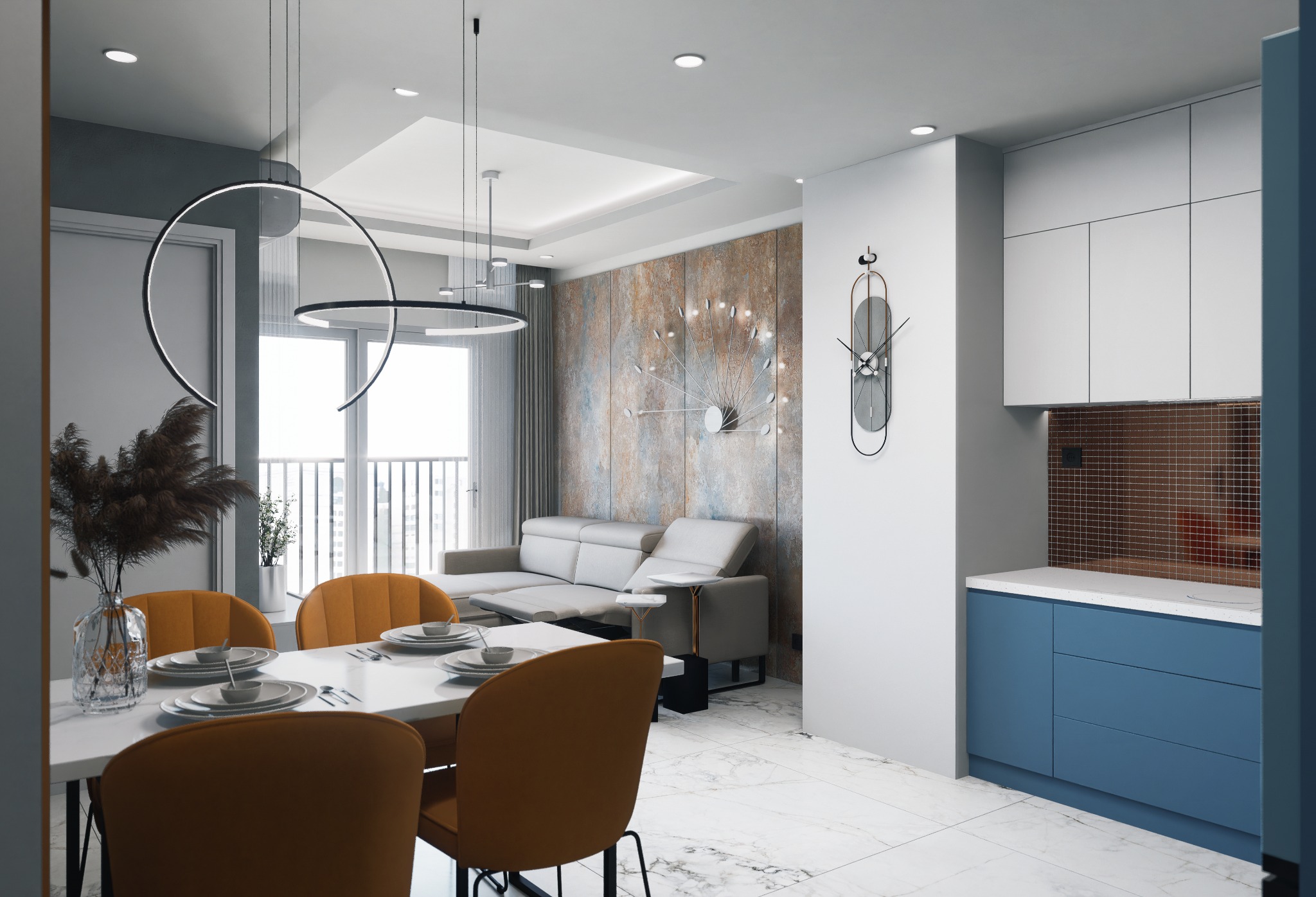 Wnętrze apartamentu z marmurową podłogą, stołem z nakryciem dla sześciu osób i krzesłami w kolorze musztardowym, szarą sofą z regulowanym oparciem, dekoracyjnym zegarem na ścianie z panelami...