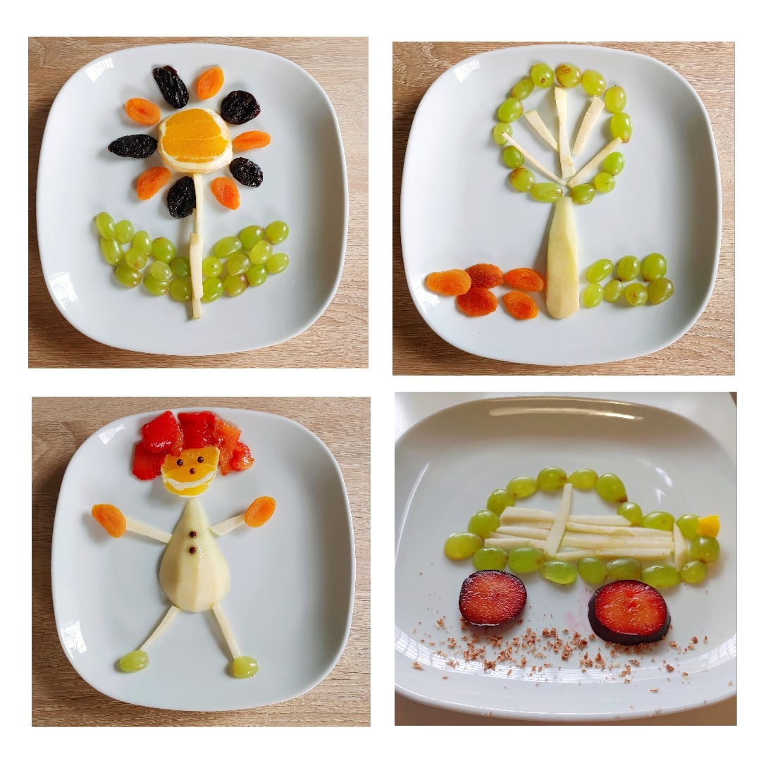 Cztery białe talerze z kreatywnymi kompozycjami z owoców i bakalii: kwiat ze słonecznika z suszonych śliwek i moreli, drzewo z winogron i gruszki, postać ludzka z gruszki i moreli, oraz samochód...