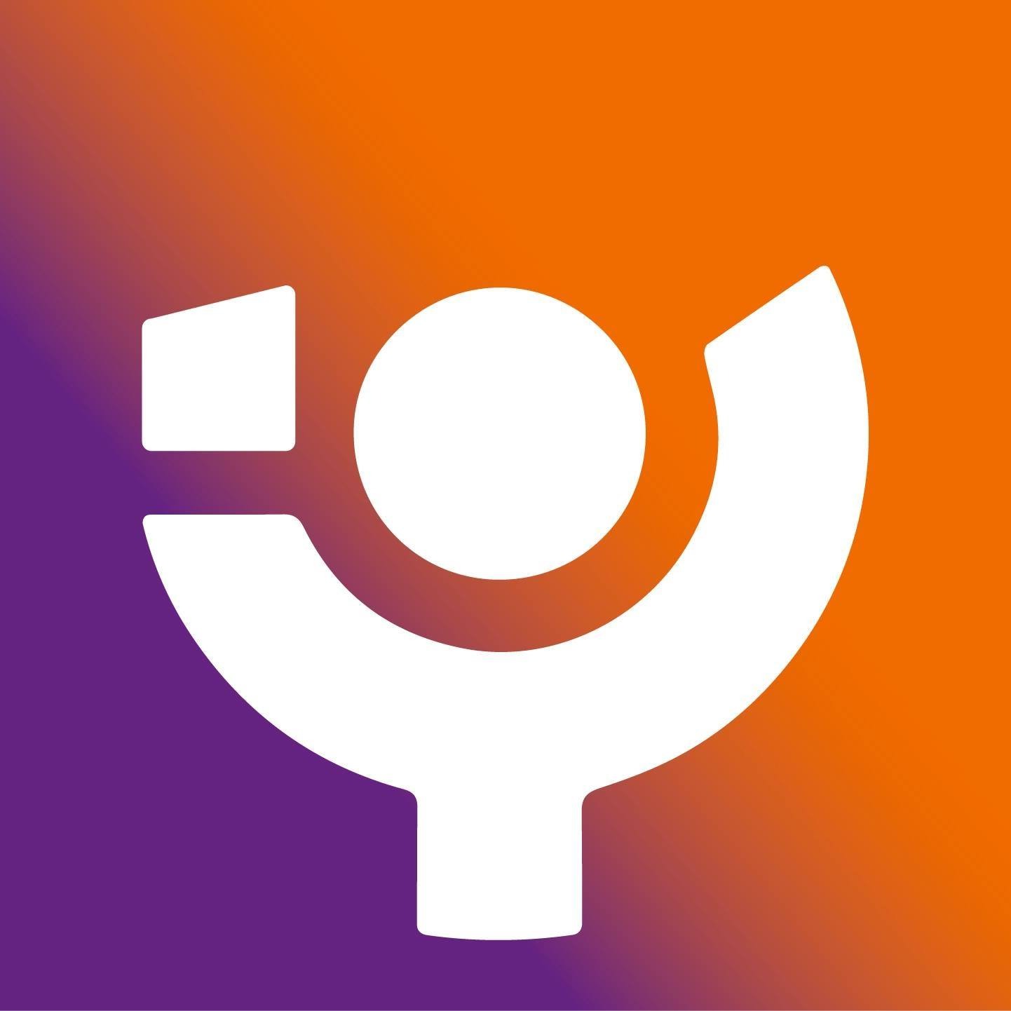 Abstrakcyjne białe logo na tle gradientu od fioletu do pomarańczu, przypominające schematyczną postać.