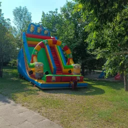 Kolorowy dmuchany zamek ze zjeżdżalnią i motywami z bajki Minionki, ustawiony na trawniku w parku.