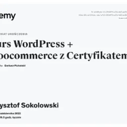 Certyfikat ukończenia kursu WordPress i WooCommerce z Udemy dla Krzysztofa Sokolowskiego, wystawiony 11 października 2022, instruktor Dariusz Pichalski.