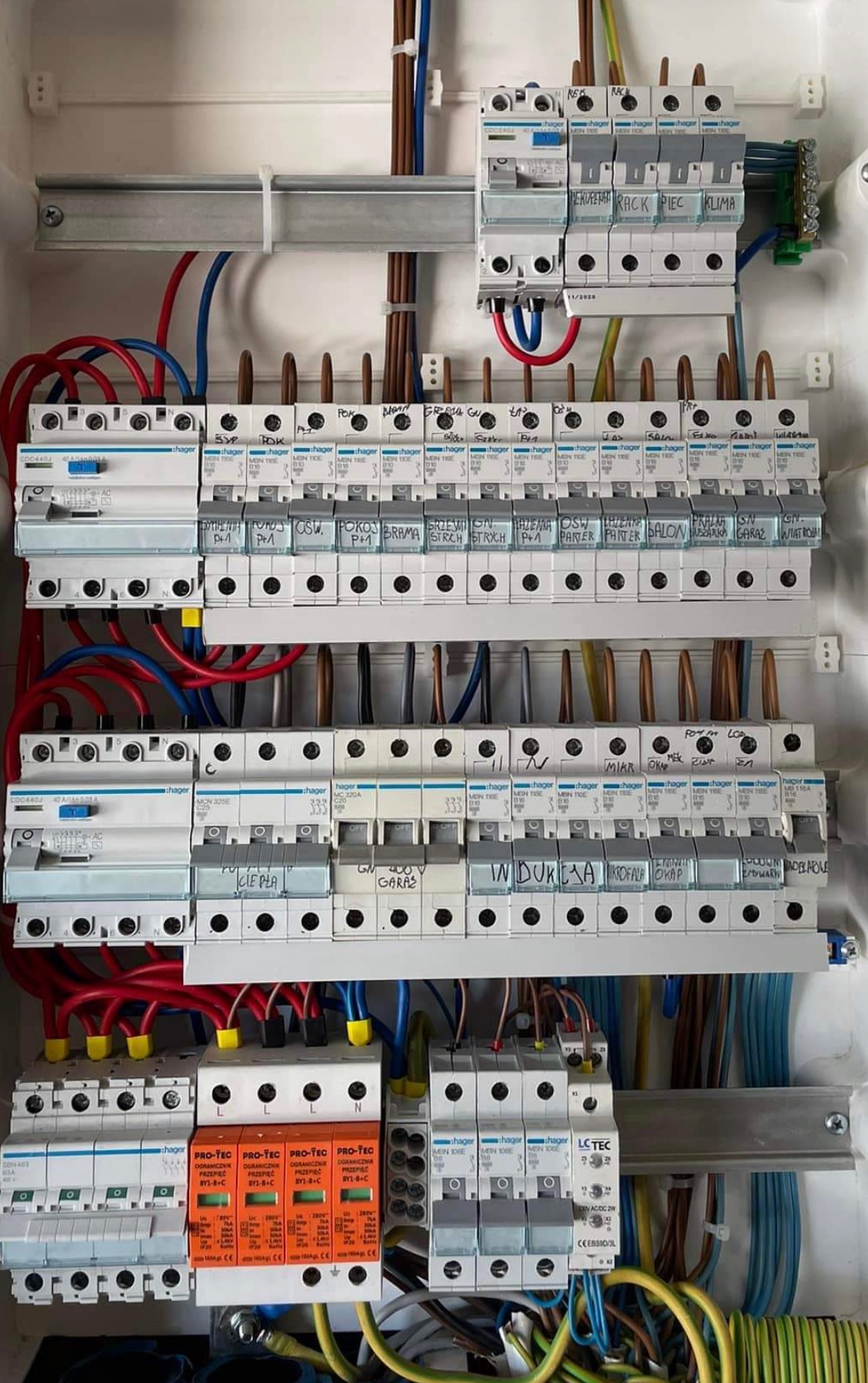 Rozdzielnica elektryczna z zainstalowanymi bezpiecznikami i ogranicznikami przepięć, opisane obwody: 'Klima', 'Piec', 'RACK', 'Kuchnia', 'Garaż', 'Indukcja', widoczne przewody w kolorach czerwonym,...