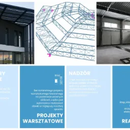 Kolaż przedstawiający etapy realizacji hali: wizualizacja 3D konstrukcji stalowej, budynek z zewnątrz oraz wnętrze hali w trakcie budowy, uzupełnione o teksty informacyjne dotyczące kosztorysowania...