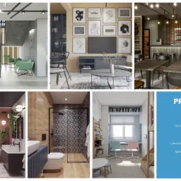 Kolaż wizualizacji wnętrz: hol wejściowy z schodami i zielonymi fotelami, salon z galerią obrazów, bar z oświetleniem dekoracyjnym, łazienka z wanną wolnostojącą i pionowym ogrodem, łazienka...