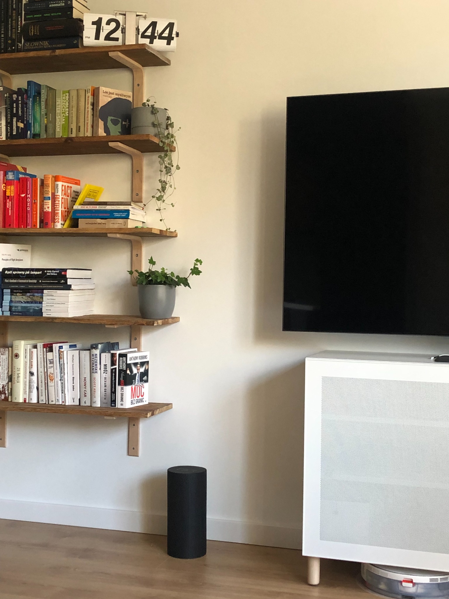 Drewniane półki na książki z zegarem klapkowym i roślinami, obok telewizora i białej szafki z robotem sprzątającym pod spodem, minimalistyczne wnętrze.
