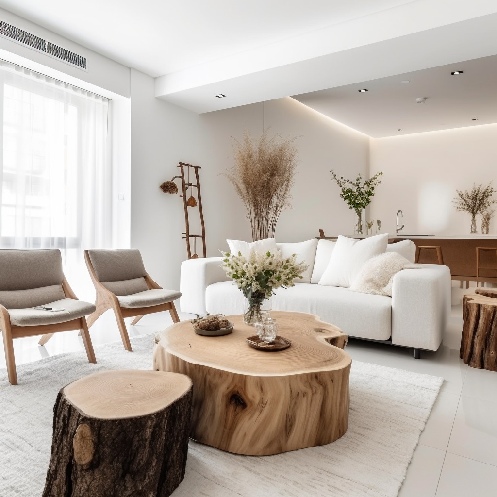 Jasne wnętrze salonu z drewnianym stolikiem kawowym w kształcie plastra drewna, białym dywanem i sofą, minimalistyczne krzesła i dekoracje roślinne