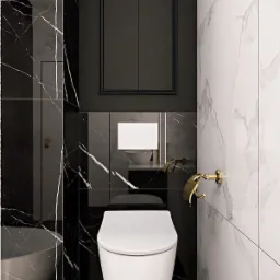 Nowoczesna łazienka z czarno-białymi marmurowymi płytkami, wiszącą toaletą i złotymi akcentami, takimi jak uchwyt na papier toaletowy.