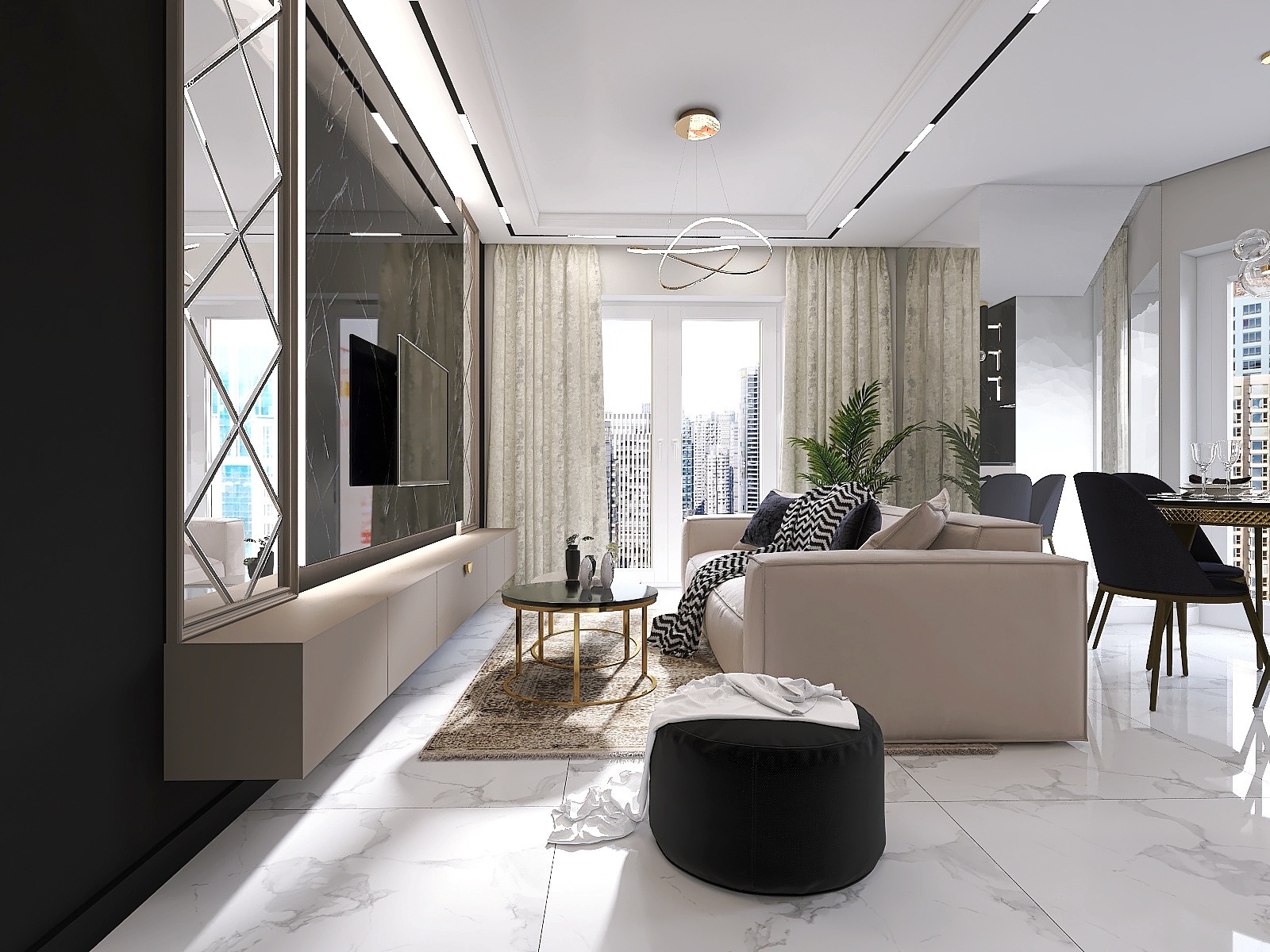 Jasne, przestronne wnętrze salonu z marmurową podłogą, beżową sofą z wzorzystą narzutą, okrągłym stolikiem kawowym na złotych nóżkach, czarnym pufem i ścianą TV z dekoracyjnym lustrem.