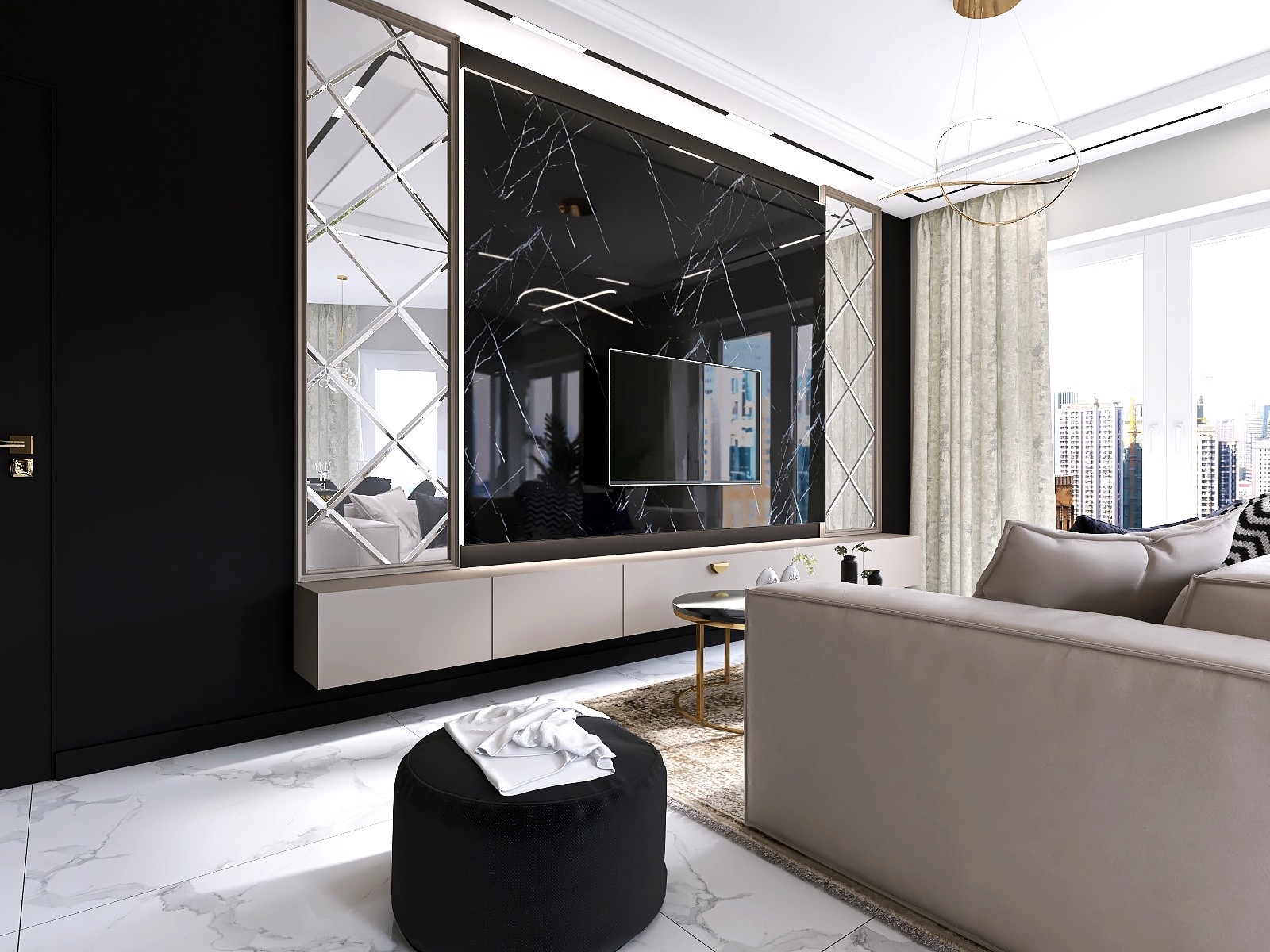 Nowoczesny salon z czarną ścianą telewizyjną wykończoną marmurem, obudowaną lustrzanymi panelami, jasną sofą i pufą na marmurowej podłodze.