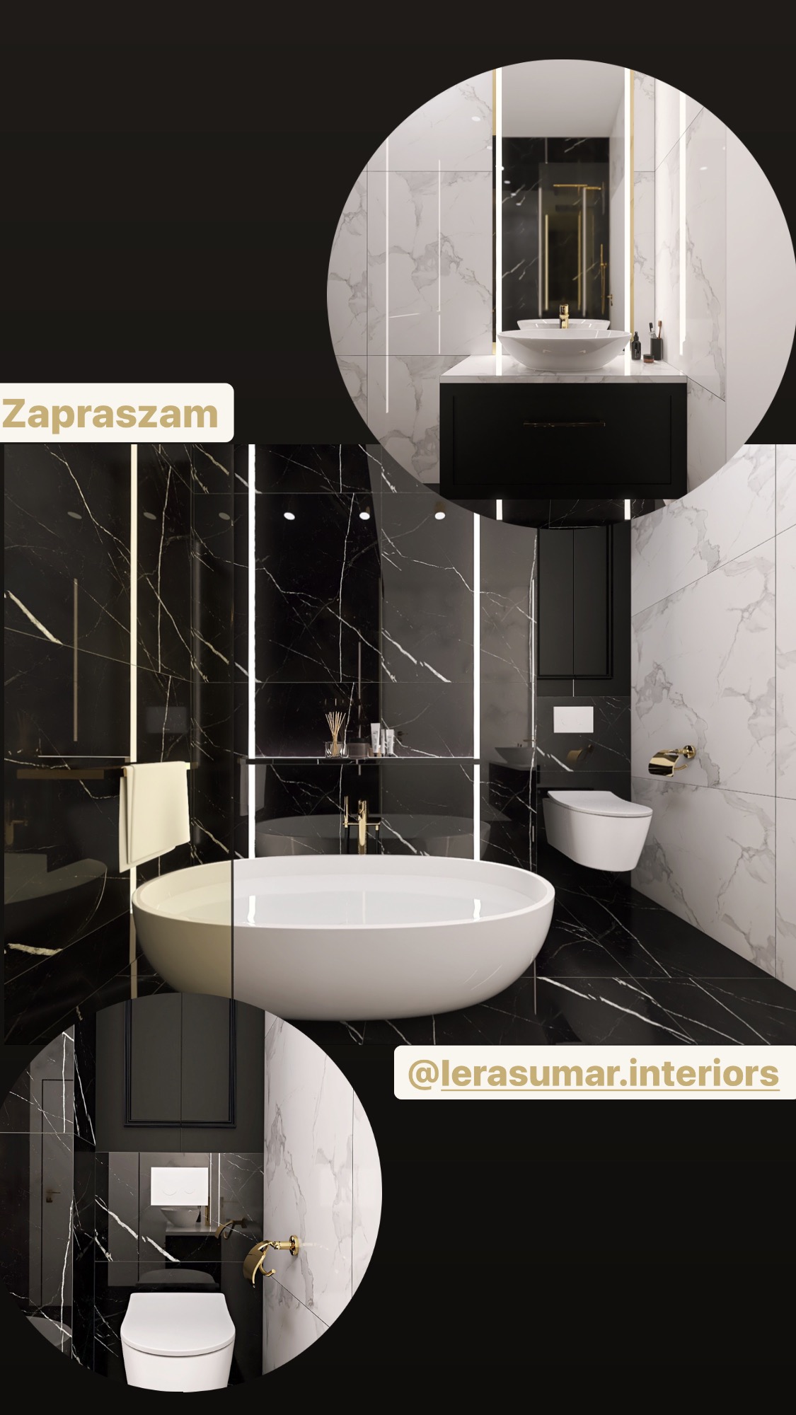 Elegancka łazienka w czerni i bieli z marmurowymi płytkami, owalną wanną wolnostojącą i złotymi akcentami, podświetlana pionowymi paskami LED, prezentowana w formie kolażu z okrągłymi wycinkami...