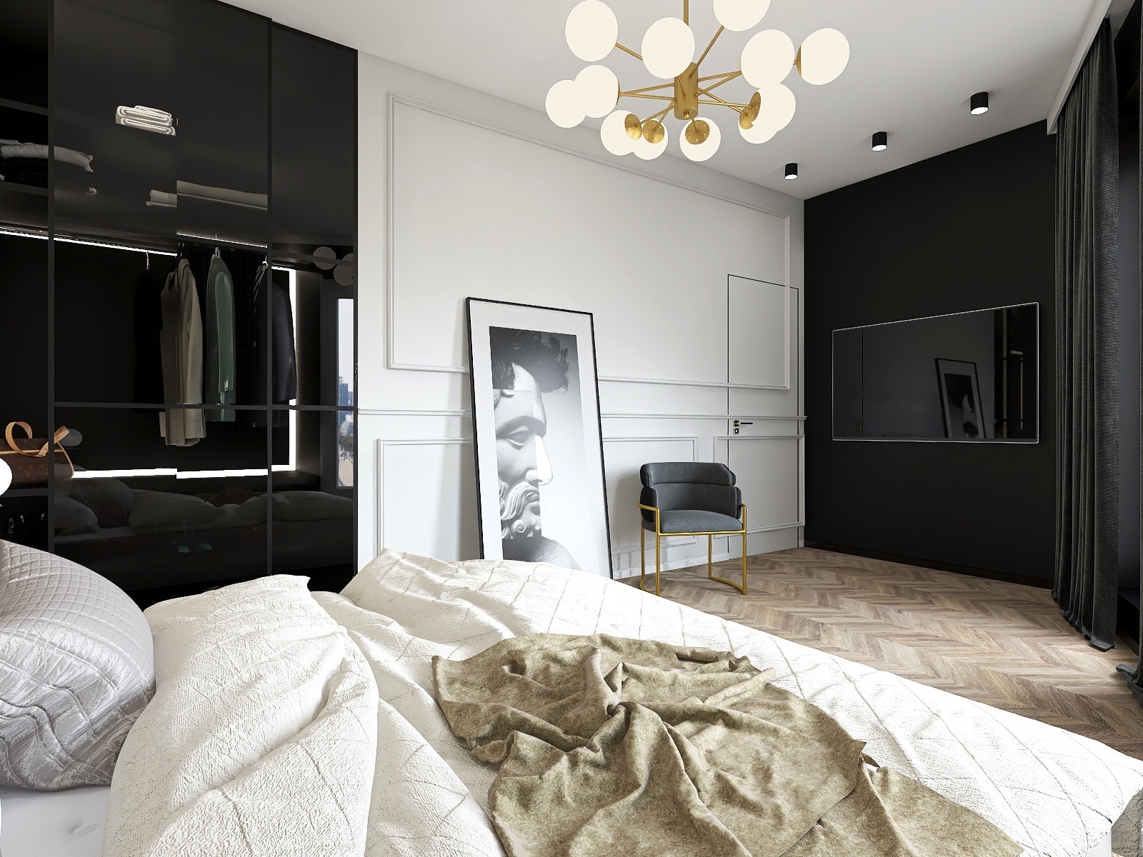 Nowoczesna sypialnia w czerni i bieli z akcentami złota: łóżko z kremową pościelą, czarna szafa w zabudowie, obraz w czarnej ramie oparty o ścianę, szare krzesło na złotych nogach i dekoracyjna...