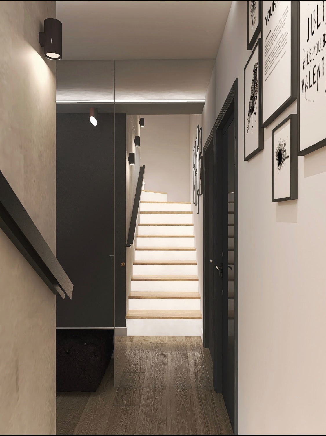 Nowoczesne wnętrze korytarza z drewnianą podłogą, białymi schodami z drewnianymi stopnicami, czarnymi drzwiami i galerią czarno-białych grafik na ścianie.