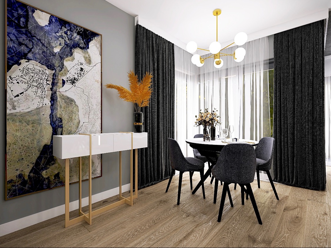Elegancka jadalnia z okrągłym stołem, krzesłami w kolorze grafitowym i białym kredensem z abstrakcyjnym obrazem na ścianie, oświetlona złotym żyrandolem.