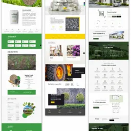 Kompozycja trzech ekranów różnych stron internetowych: strona z produktami rolniczymi w odcieniach zieleni, strona z ofertą kamieni dekoracyjnych w odcieniach żółci i szarości, strona inwestycji...