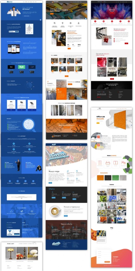 Kompozycja różnych układów stron internetowych prezentujących różne style wizualne i funkcjonalności, od minimalistycznych po bogate w animacje i efekty wizualne, z różnorodną kolorystyką...