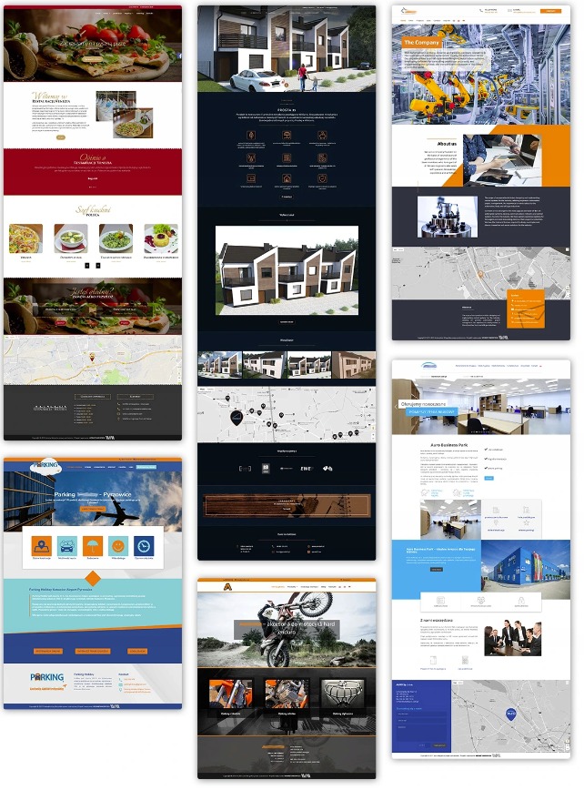 Przykłady różnych projektów stron internetowych z Lublina, prezentowane w formie kolażu, ukazujące różnorodność stylów i branż.