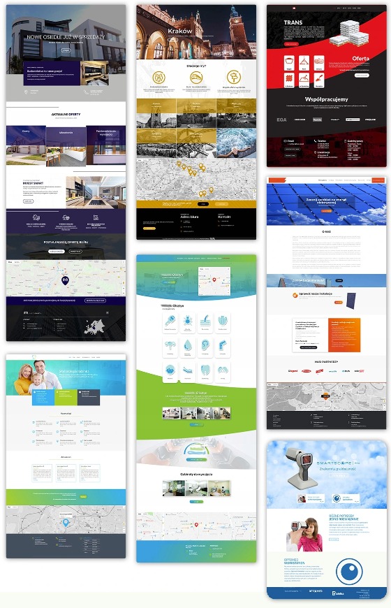 Kompozycja ekranów różnych stron internetowych o zróżnicowanej stylistyce i tematyce, prezentujących układy graficzne i elementy interfejsu użytkownika.