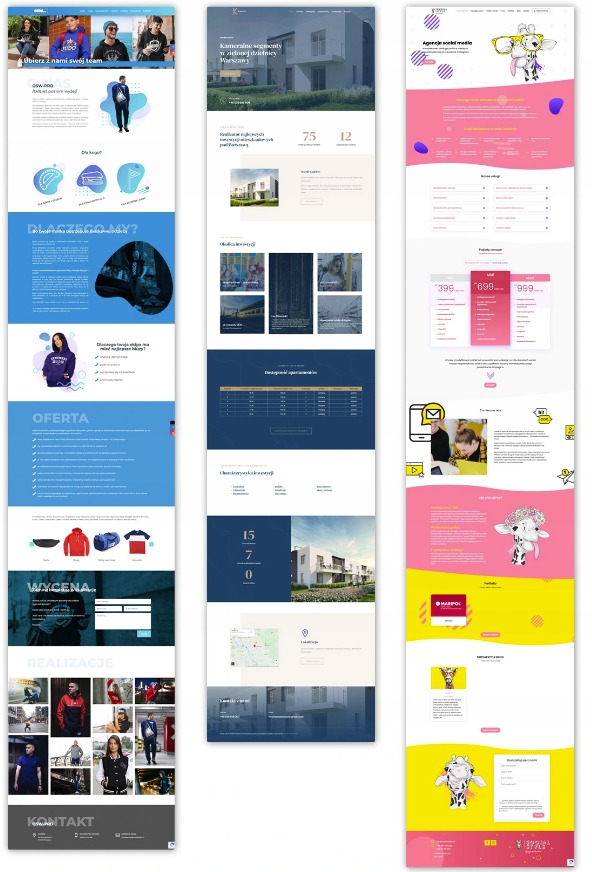 Kompozycja trzech ekranów różnych stron internetowych: niebieska strona z wizerunkiem zespołu sportowego, strona o inwestycji mieszkaniowej w odcieniach granatu i beżu oraz różowo-żółta strona...