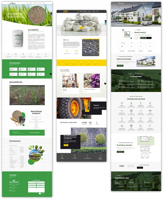 Kompozycja trzech ekranów różnych stron internetowych: strona z produktami rolniczymi w odcieniach zieleni, strona z ofertą kamieni dekoracyjnych w odcieniach żółci i szarości, strona inwestycji...