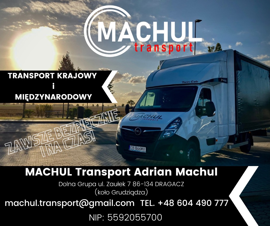 Reklama firmy transportowej z białym samochodem ciężarowym na tle zachodzącego słońca i pola, z widocznym logo firmy i hasłem 'Zawsze bezpiecznie i na czas!'