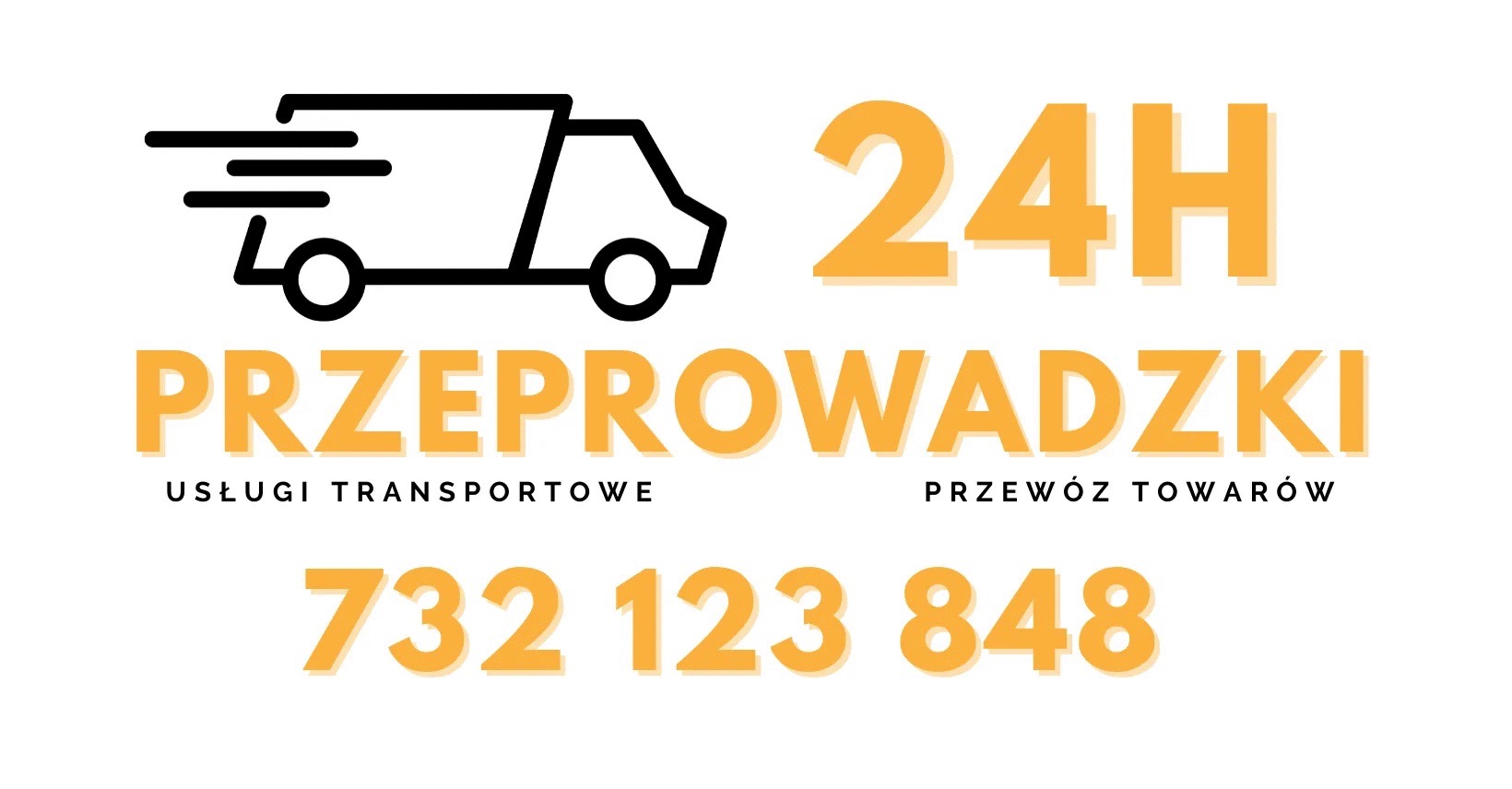 Grafika reklamowa: Stylizowany rysunek ciężarówki w ruchu, napis '24H' oraz 'PRZEPROWADZKI USŁUGI TRANSPORTOWE PRZEWÓZ TOWARÓW' i numer telefonu 732 123 848, wszystko w kolorach czarnym...